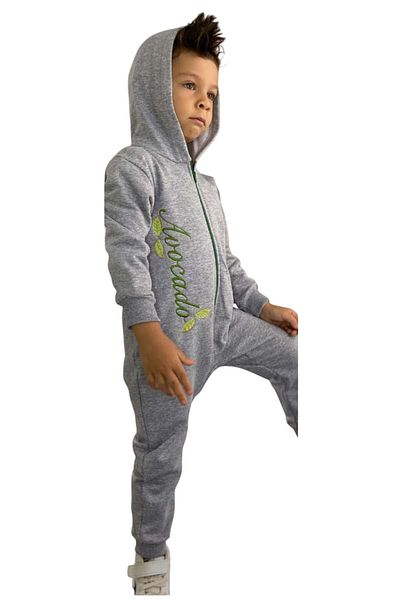 Riccotarz Baby Boy Gray Jumpsuit with Avocado Text and Printed Front Zipper and Hood