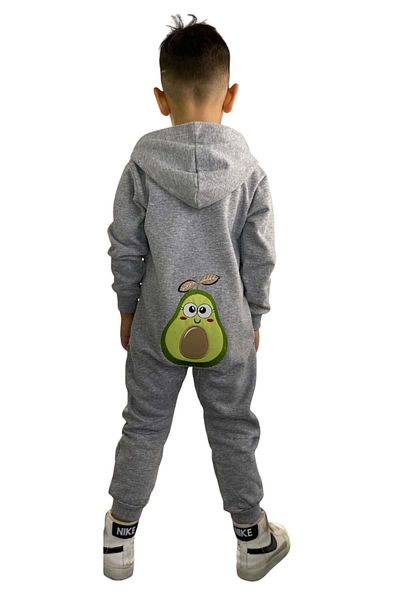 Riccotarz Baby Boy Gray Jumpsuit with Avocado Text and Printed Front Zipper and Hood