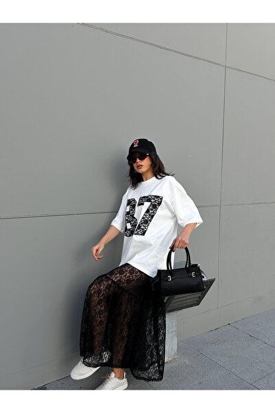 minaaise Dámská černá krajková sukně bez podšívky 29056