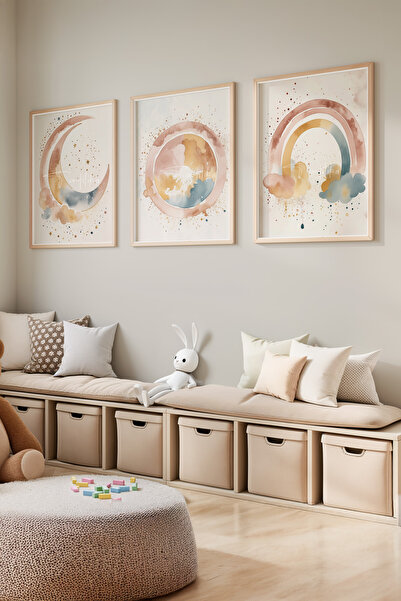Tontilika Bebek ve Çocuk Odası Pastel Ay, Güneş ve Gökkuşağı Tema Ahşap Çerçe...