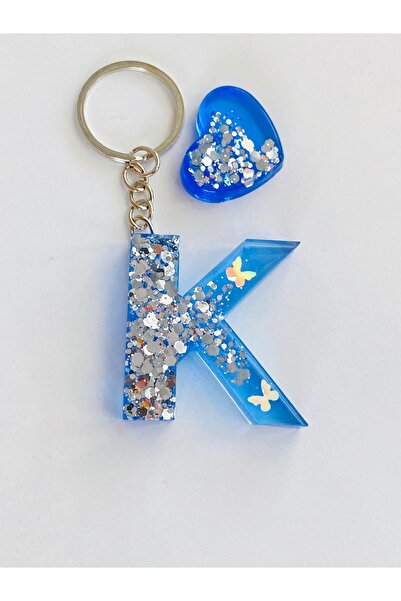 Ustaeller HEDİYELİK KİŞİYE ÖZEL K HARFİ ANAHTARLIK ŞEFFAF MAVİ RENK ÜZERİNE G...