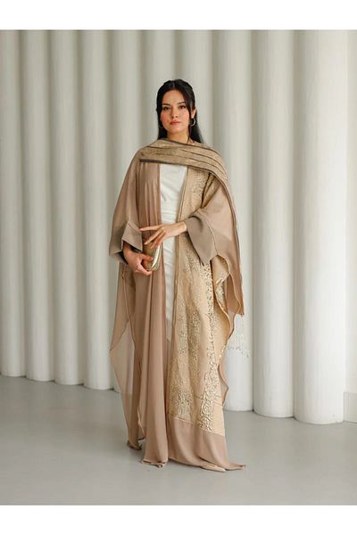 fiore fashion Abaya Bisht in Beige Color, Elastic Tast, 38-46 Dimensions, Large Size