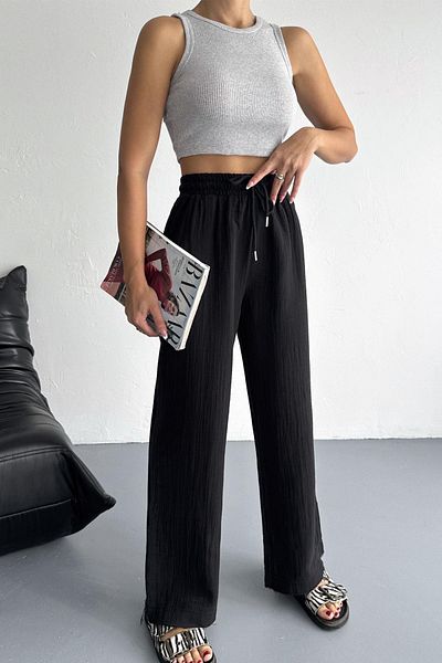 İstangül Butik Pantaloni largi din muselină din bumbac cu ciucuri