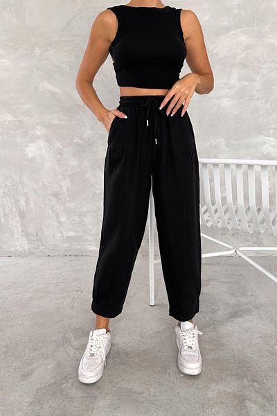 İstangül Butik Cotton Muslin Fabric Balloon Trousers with Leg Cuffs