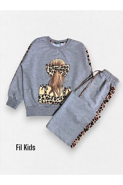 Fil Kids Σετ φόρμας για κορίτσια με μακρυμάνικο φαρδύ πόδι με γκρι λεοπάρ μοτίβο 100% βαμβάκι