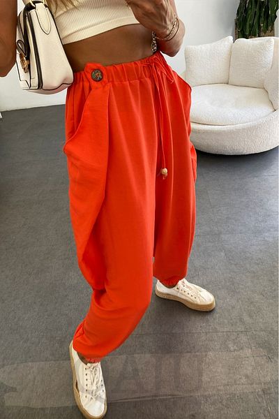 Qaju Women's Elastic Waist Design Pocket Pomegranate Flower Shalwar Trousers