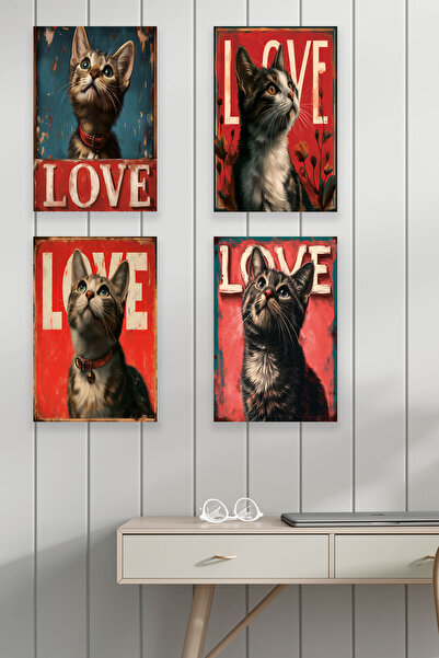 qoeuyl boutique Cute Cats Love Σετ 4 ρετρό vintage 18x27 MDF Ξύλινη αφίσα ζωγ...