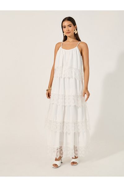 Styli Lace Trim Strappy Tiered Maxi Dress