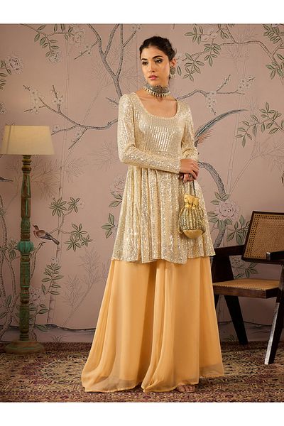 Sassafras By Styli Embellished Sequins Peplum Top with Flared Pants Set