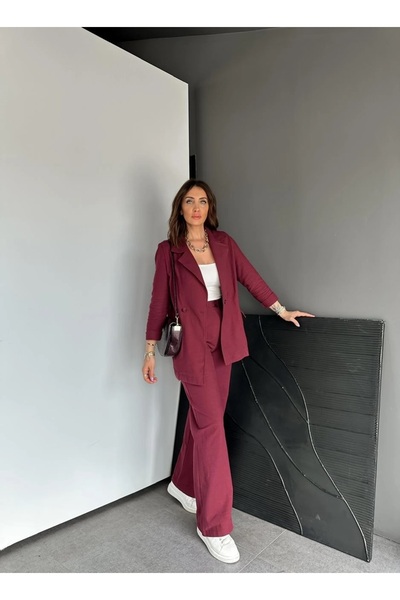 QİMYA BUTİK Egzoti̇k Asortik Women's Double Breasted Linen Suit with Flap Pockets and Loose Pants