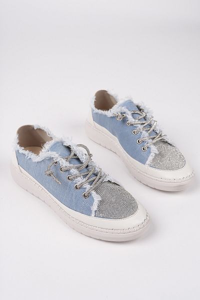 MUGGO Pantofi sport casual pentru femei, cu șireturi, cu strasuri, din denim