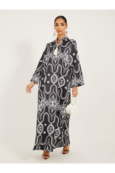 Styli digital print satnd collar jalabiya with lace and tassel trim at neck