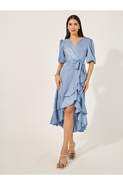 Styli فستان ميدي ملفوف بأكمام منفوخة وتفاصيل كشكش من الساتان