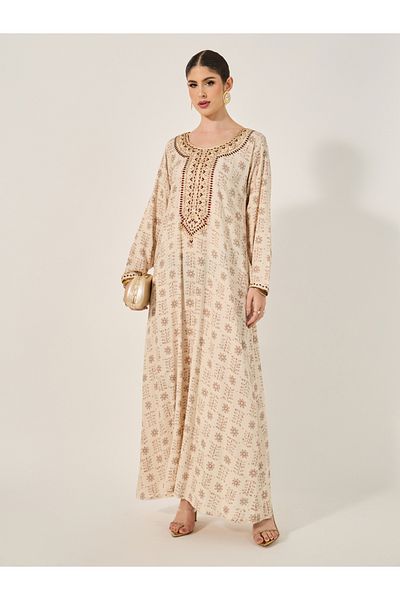 Styli Embellished Allover Block Printed Jalabiya