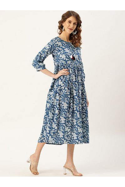 Sassafras By Styli Floral Print Gathered Detail Midi Dress with Tie Up Neck Tassel Detail