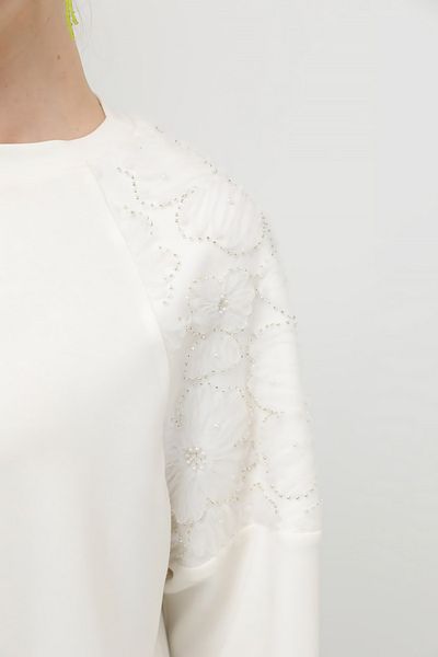 REMSA Raglan Sleeve Tulle Stone Embroidered Modal Sweat Tunic Ecru Color