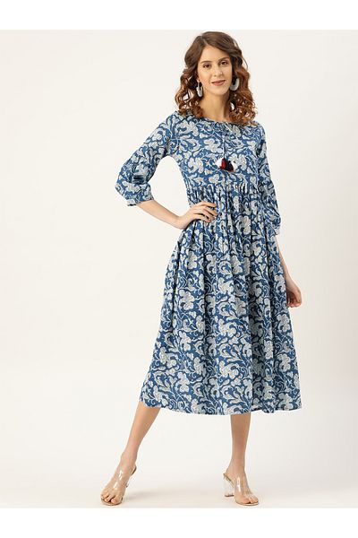 Sassafras By Styli Floral Print Gathered Detail Midi Dress with Tie Up Neck Tassel Detail