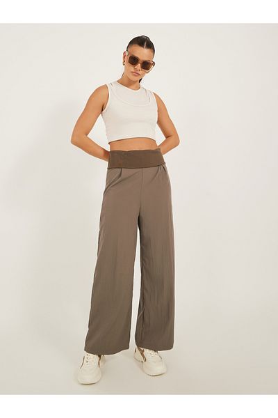 Styli woven wide leg pleat pants full length with inverted rib waist band knitted fabric - broad belt