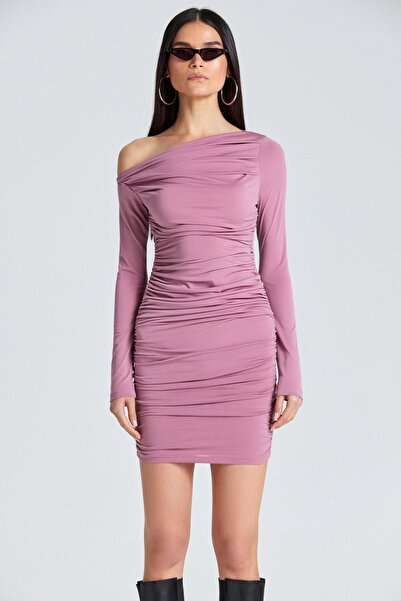 World Fashion Trends S2005 Φόρεμα με έναν ώμο με κορδόνια σε ροζ σταχτό χρώμα