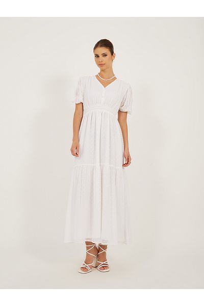 Styli Dobby Design V Neck A-Line Midi Dress