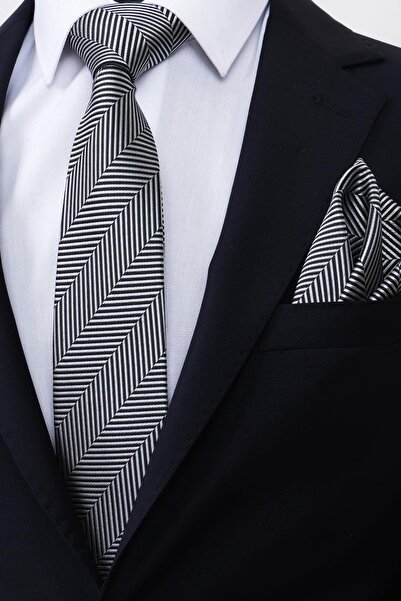 Esgue Hand Made Striped Black Gray Tie & Handkerchief & Patterned Cufflink Gift Set
