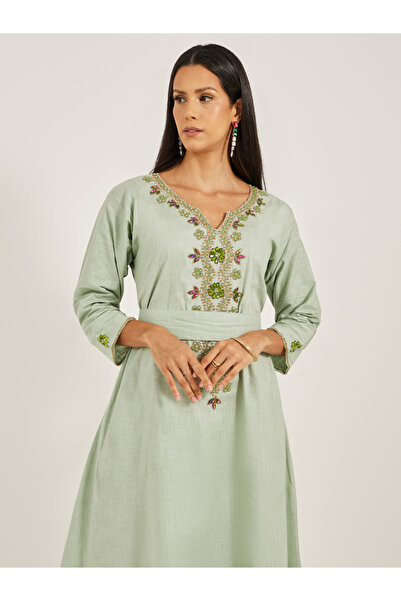 Maxim Creation By Styli Embroidered Notch Neck A-Line Jalabiya with Belt