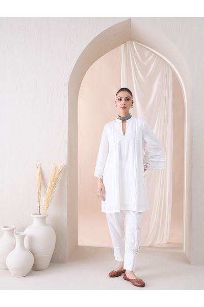 Femmella By Styli Textured Dobby Lace Detail Kurta with Pleated Pant Co-Ords
