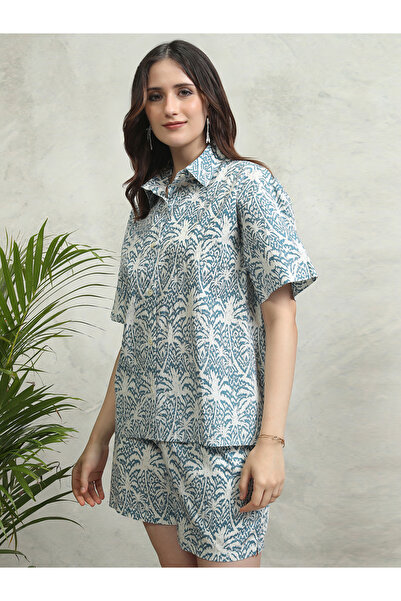 Tokyo Talkies By Styli All-Over Floral Print Collared Cotton Shirt and Mid Rise Shorts Co-Ords