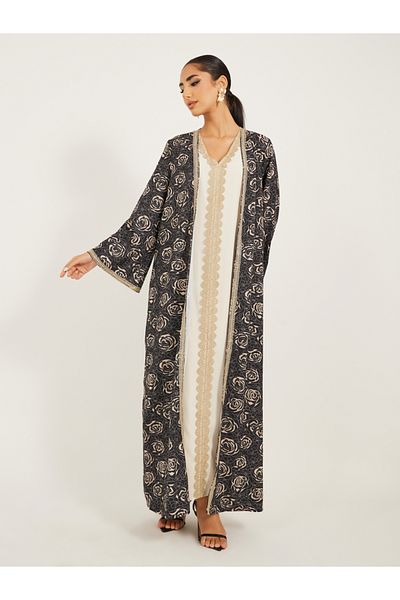 Styli Front Open Abaya With All Over Foil Print And Lace Detail