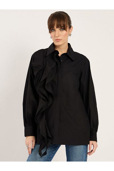 Femmella By Styli Solid Ruffle Detail Spread Collar Shirt