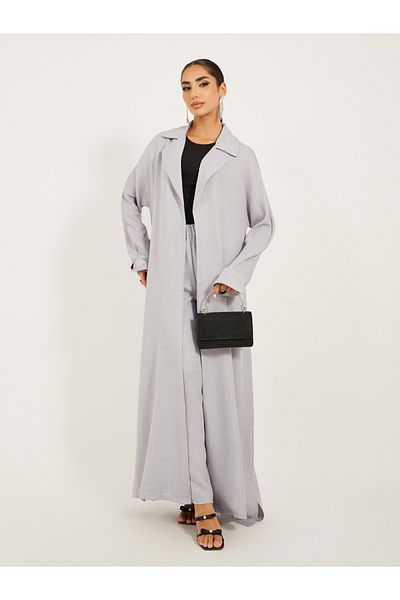 Styli collar style regular fit abaya with wide leg pants modest set