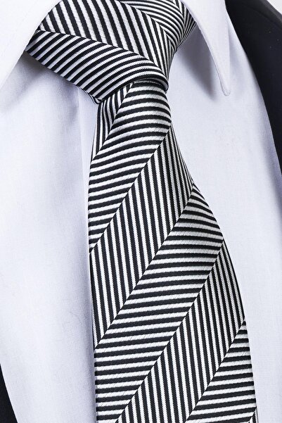 Esgue Hand Made Striped Black Gray Tie & Handkerchief & Patterned Cufflink Gift Set