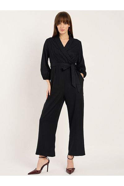 Femmella By Styli Balloon Sleeve Lapel Detail Jumpsuit with Waist Tie-Up