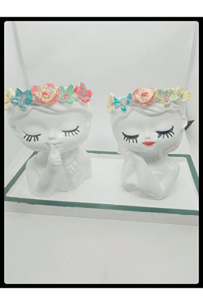 Handmade Tabakli kiz vazo 2 adet tabak dahil el boyamasi dekoratif obje biblo...