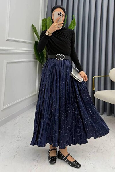 ahsen fashion Kırışık Taşlı Saten Etek