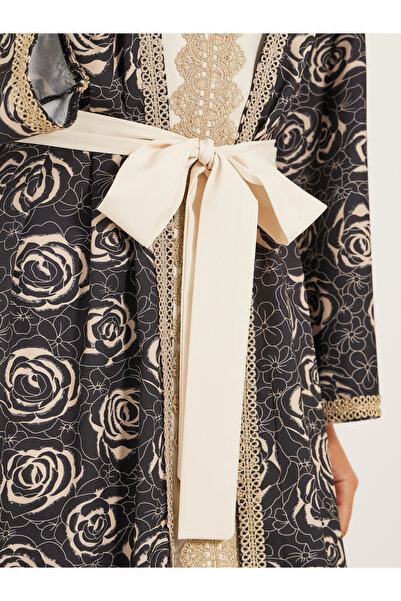 Styli Front Open Abaya With All Over Foil Print And Lace Detail