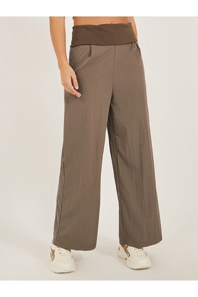Styli woven wide leg pleat pants full length with inverted rib waist band knitted fabric - broad belt