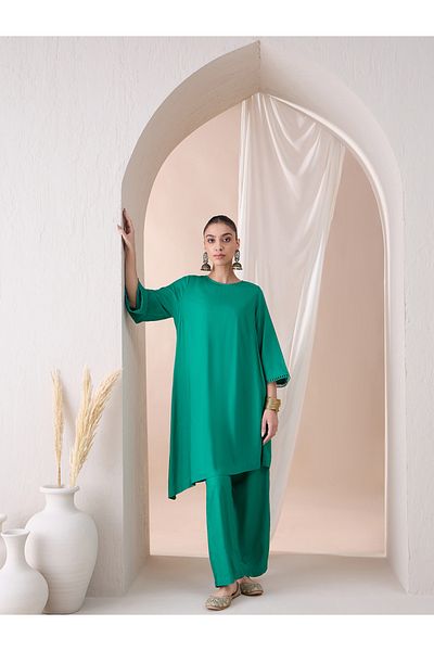 Femmella By Styli Asymmetrical Hem Viscose Tunic with Straight Pant Co-Ords