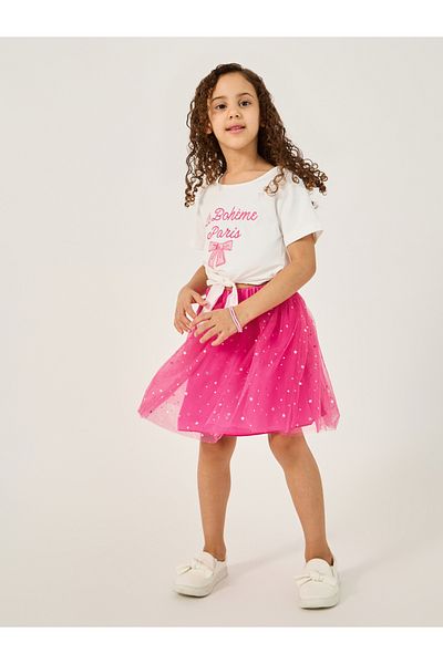 Styli Graphic Print Tie-Up Top and Star Mesh Skirt Set