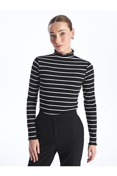 LC Waikiki Women's Long Sleeve T-Shirt with Stand Collar Stripe (S4)