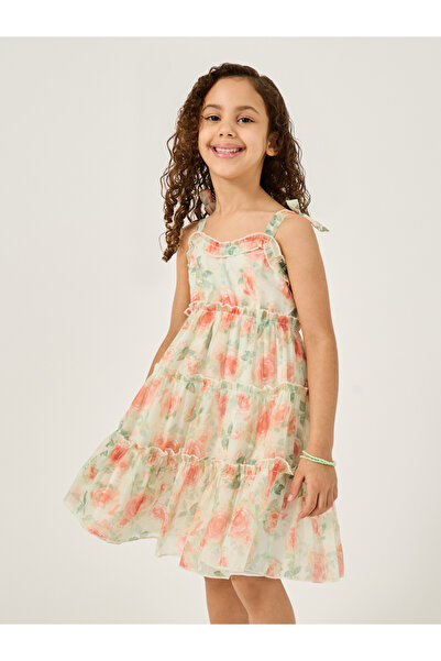 Styli Floral Print Ruffled Organza Dress