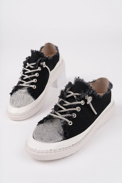 MUGGO Pantofi sport casual pentru femei, cu șireturi, cu strasuri, din denim
