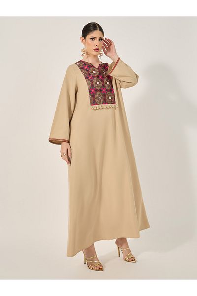 Styli Embroidery Notch Neck Tassels Detail A-Line Jalabiya
