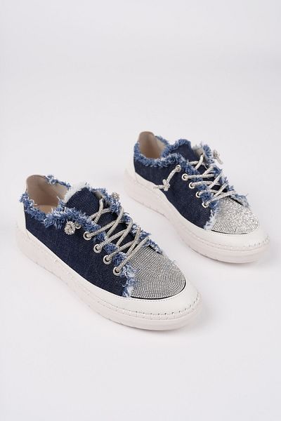 MUGGO Pantofi sport casual pentru femei, cu șireturi, cu strasuri, din denim