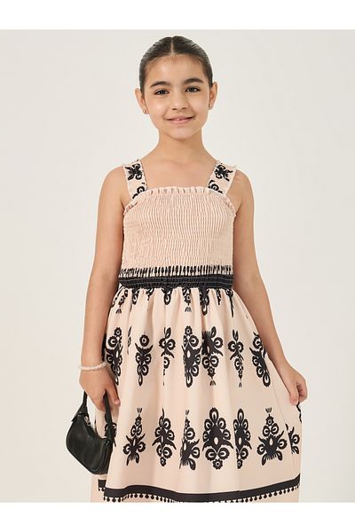 Styli All-Over Print Strappy Dress with Smocked Detail