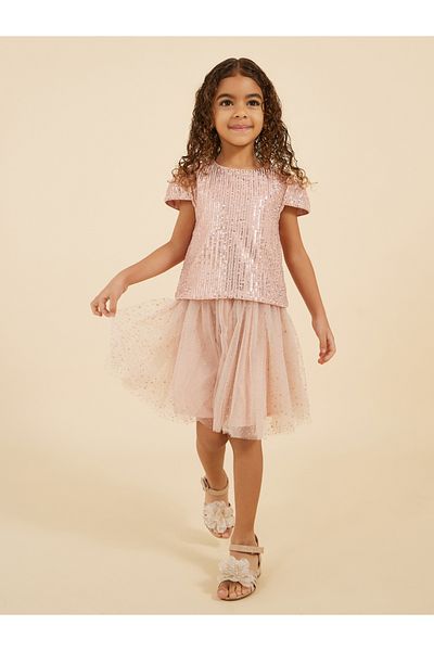 Styli Sequins Round Neck Top and Mesh Skirt Set