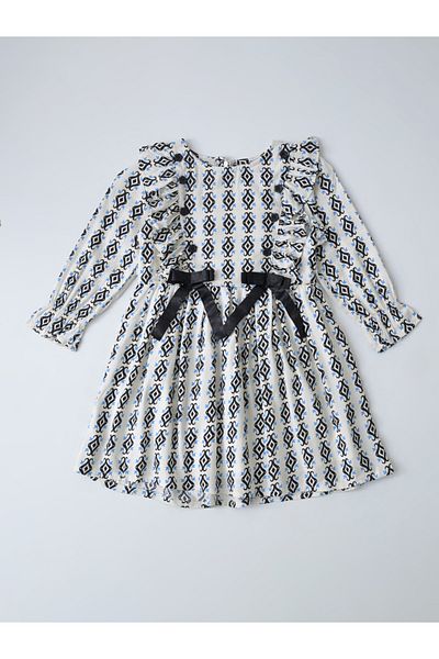 Bella Moda By Styli All-Over Print Bow Detail Dress with Long Sleeves