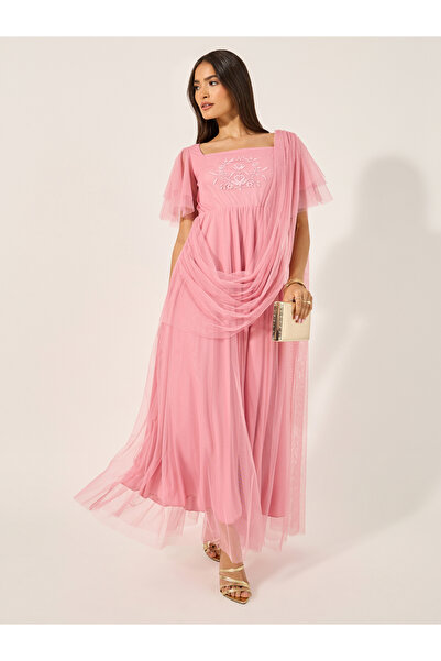 Styli فستان ماكسي شبكي بفتحة رقبة مربعة وردي من U and F