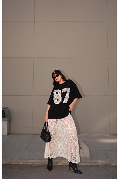 minaaise Γυναικείο μπλουζάκι Oversize Μαύρο Δαντελένιο Κεντημένο 29055