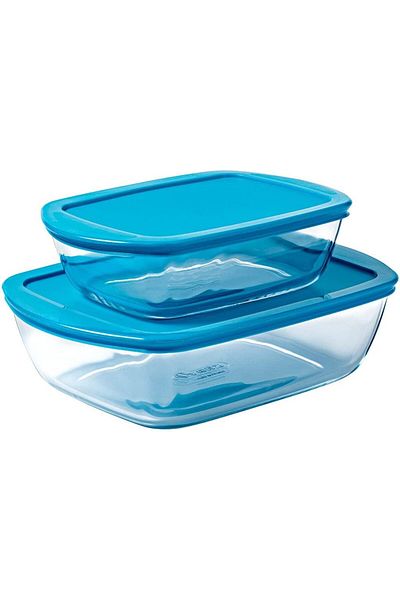 Pyrex Cook & Store Rectangular Glass Roaster With Lid Set Of 2 (2.5+1.1) Liter Clear Glass (9137145)
